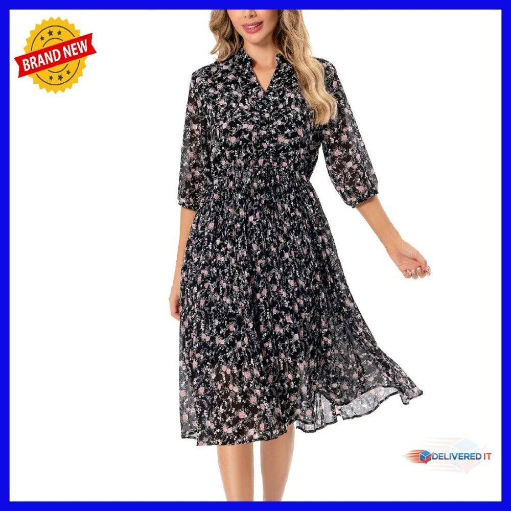 Chiffon Floral Pleated Midi Swing Dress with Belt, V-Neck, 3/4 Sleeve